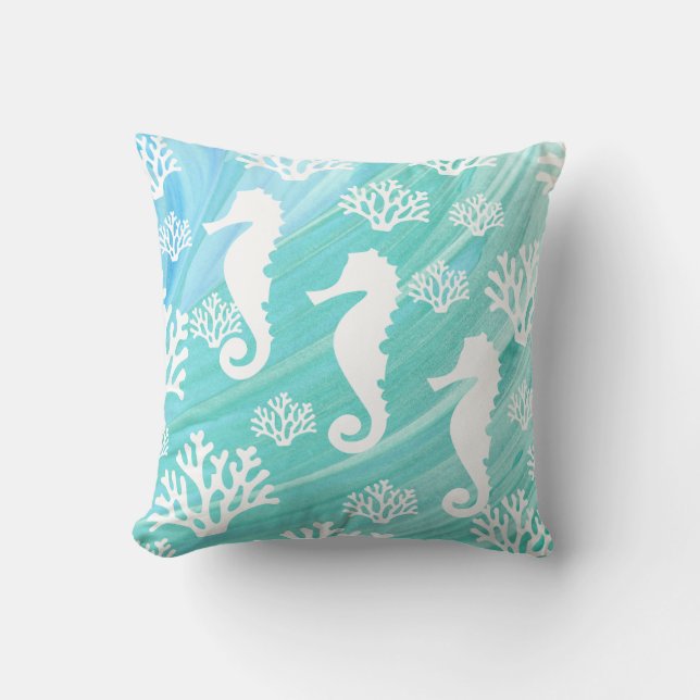Coussin Aqua Ocean Seahorse Coral Vie marine (Recto)