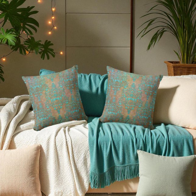 Coussin Aqua sarcelle sur motif damassé vintage marron (Créateur téléchargé)