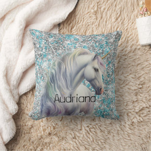 Coussin Aqua Silver Unicorn Parties scintillant étincelle