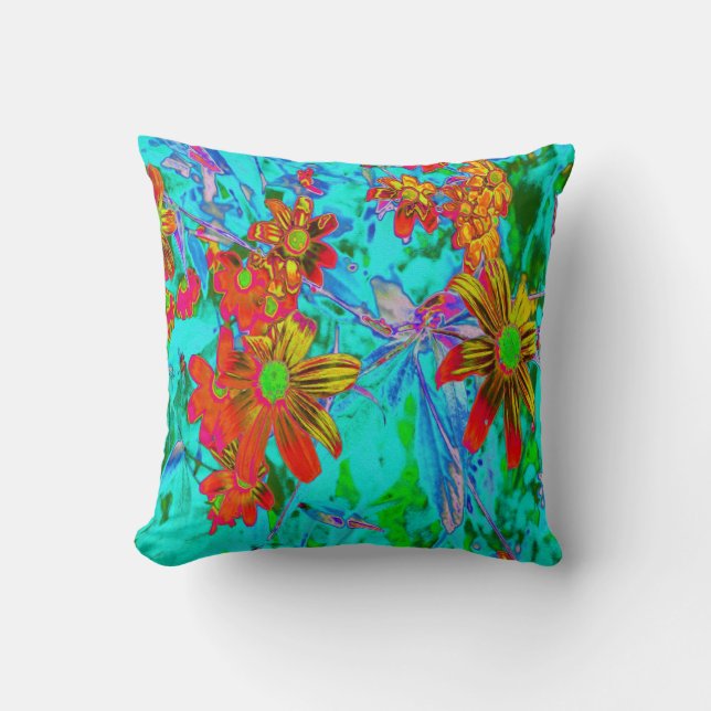 Coussin Aqua Tropical aux fleurs jaunes et orange (Recto)