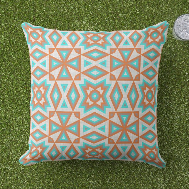 Coussin Aqua Turquoise Bleu Orange Blanc Tribal Art (Herbe)