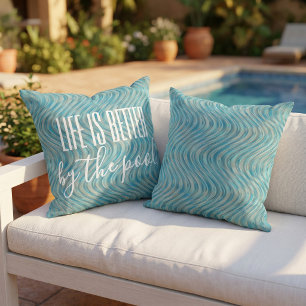 Coussin Aqua Turquoise Bleu Taupe Lignes Courbes Art
