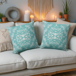 Coussin Aqua Turquoise et blanc Damas florales