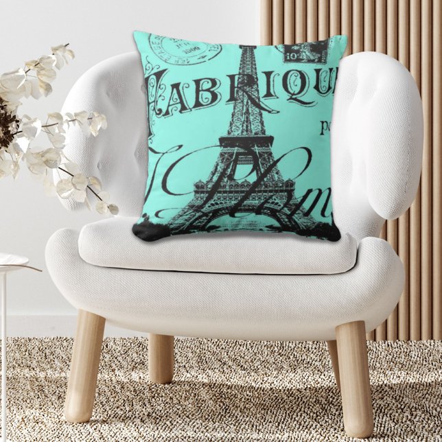 Coussin aqua turquoise scripts turquoises Paris Tour Eiffe (turquoise aqua teal scripts Paris Eiffel Tower Outdoor Pillow)