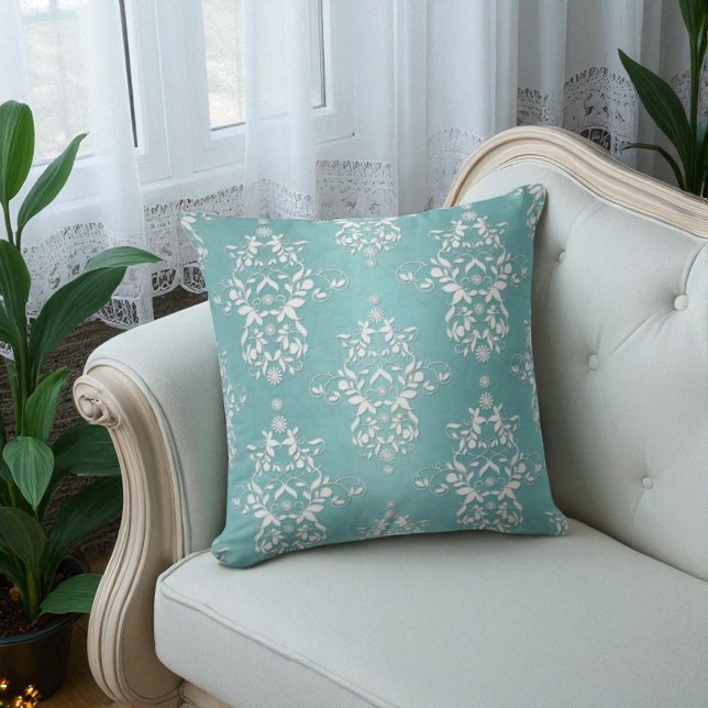 Coussin Aqua Turquoise Turquoise et blanc Floral Damask (Créateur téléchargé)