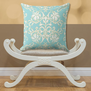 Coussin Aqua Turquoise White Gold Damask