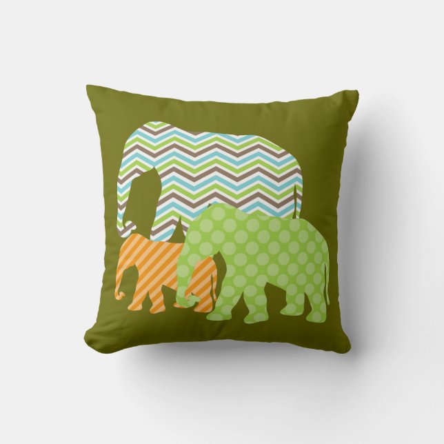 Coussin Aqua, vert, carreau orange d'éléphants (Recto)