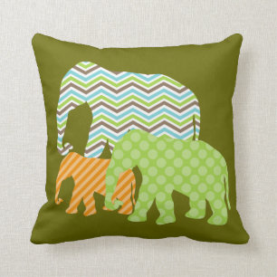 Coussin Aqua, vert, carreau orange d'éléphants