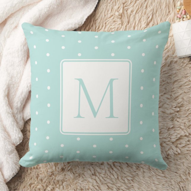 Coussin Aqua Vert et Blanc Polka Dot Monogramme (Couverture)