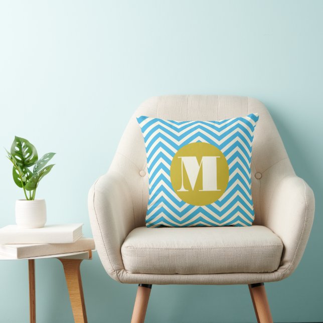 Coussin Aqua Yellow Ivor Monogramme moderne Zig Zag Coussi (Chaise)