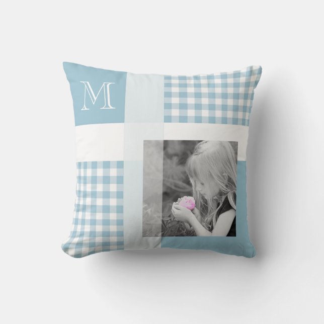 Coussin Aquamarine Ajouter Votre Photo En vichy Monogramme (Recto)