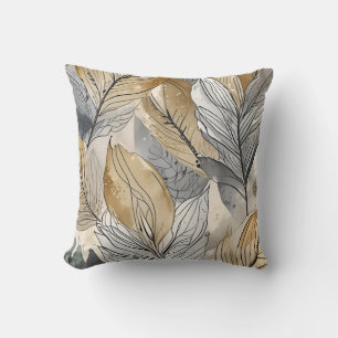 Coussin aquarelle à feuilles organiques, gris or