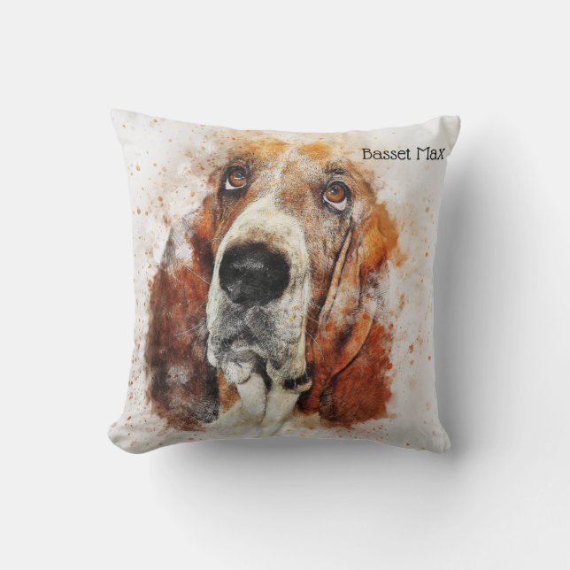 Coussin Aquarelle à la mode Basset Hound personnalisé (Recto)