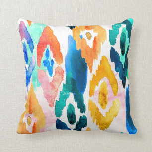 Coussin Aquarelle Abstrait Ikat Motif orange Vert bleu