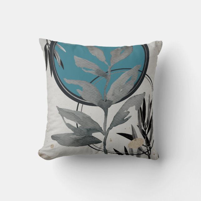 Coussin Aquarelle Abstraite Gris et Turquoise (Recto)
