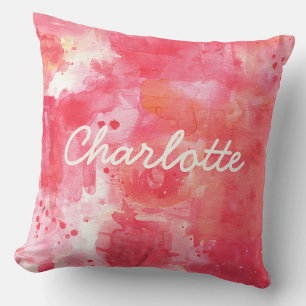 Coussin Aquarelle Abstraite Rose Nom Personnalisé