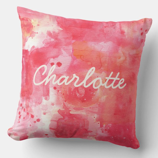 Coussin Aquarelle Abstraite Rose Nom Personnalisé (Créateur téléchargé)