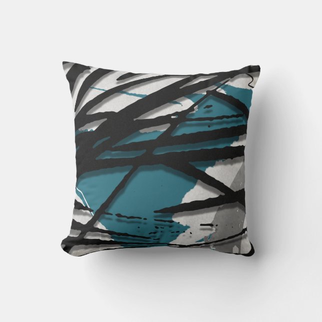 Coussin Aquarelle Abstraite Turquoise Gris & Noir (Recto)