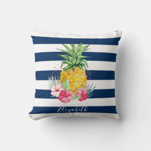 Coussin Aquarelle Ananas Hibiscus, Bleu marine