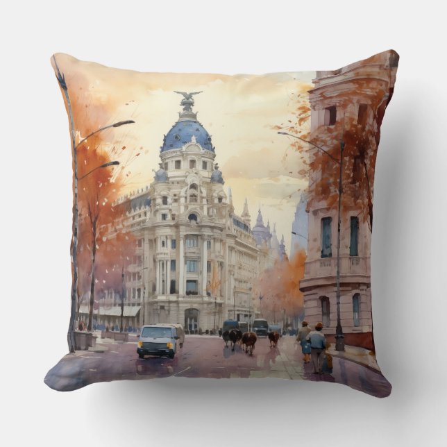 Coussin Aquarelle animée de la rue d'Espagne - Automne (Recto)