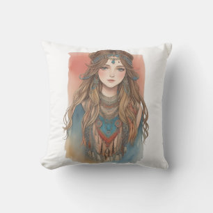 Coussin aquarelle art de jeune fille mignonne