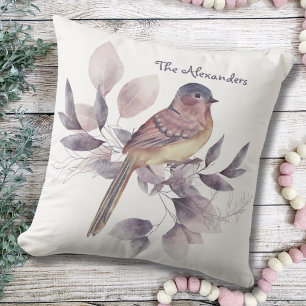 Coussin Aquarelle Art Jardin Feuille Oiseau Monogramme Bla