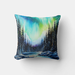 Coussin Aquarelle aurore boréale lumière du nord