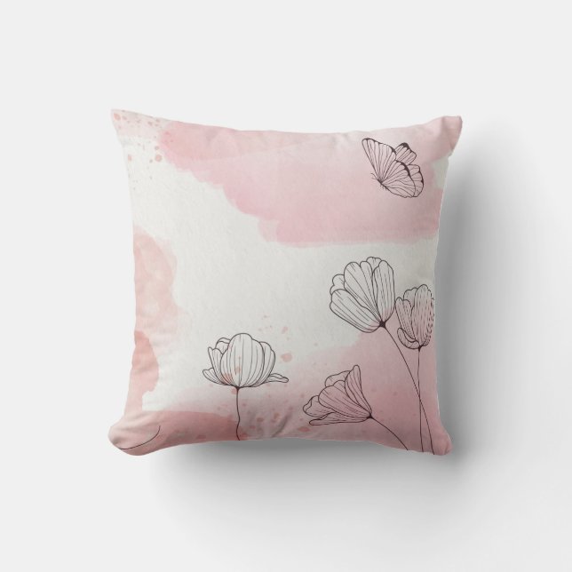 Coussin Aquarelle avec Fleurs et Papillon (Recto)