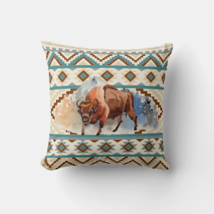 Coussin Aquarelle Bison Buffalo Motif tribal du sud-ouest