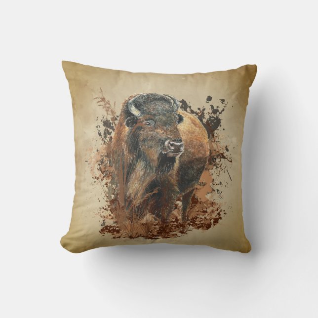 Coussin Aquarelle Bison Buffle Animaux Nature (Recto)