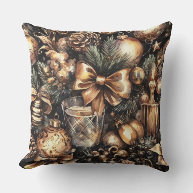 Coussin Aquarelle Black Gold Motifs de Noël (Recto)