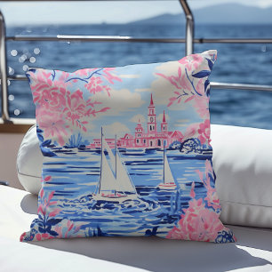 Coussin Aquarelle Blanc Bateaux à voile Bleu Eaux Rose Flo
