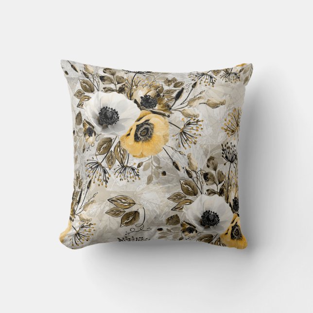 Coussin Aquarelle blanche, fleurs jaunes (Recto)