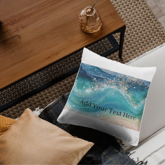 Coussin Aquarelle Bleu Blanc Océan Vague Personnalisée Nom