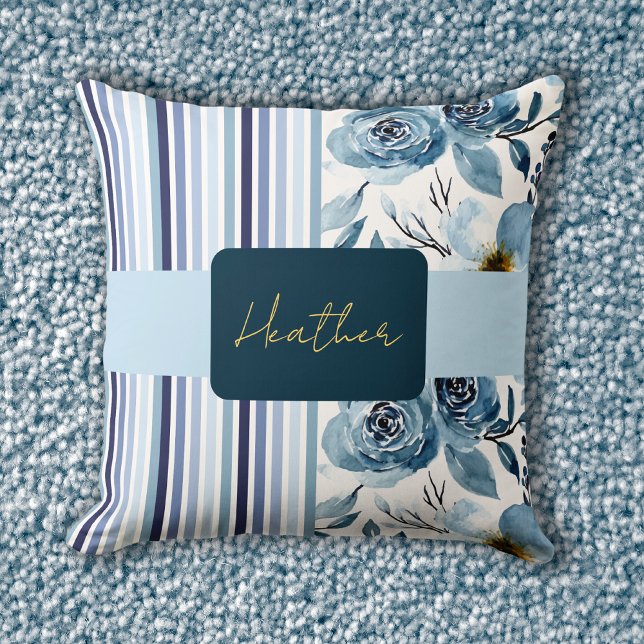 Coussin Aquarelle bleu classique Floral rayé Personnaliser (Créateur téléchargé)