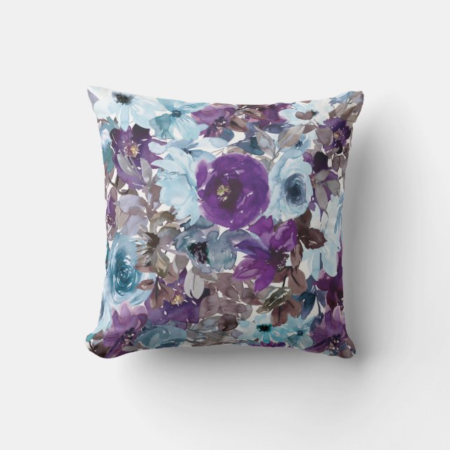 Coussin Aquarelle bleu et violet Accent floral (Recto)