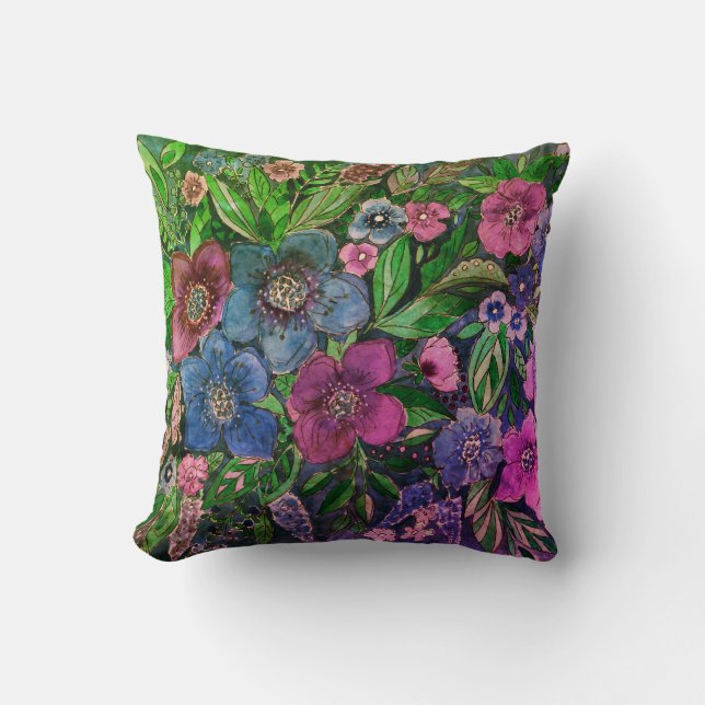Coussin aquarelle, bleu et violet, aquarelle d'anémones (Recto)