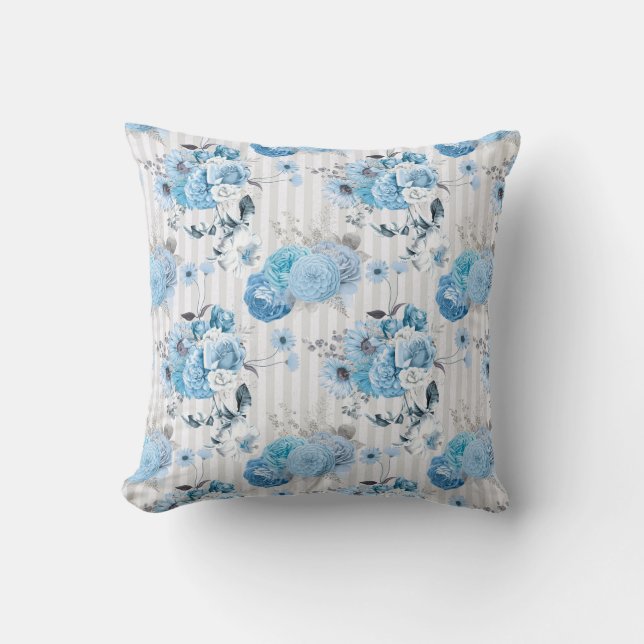 Coussin Aquarelle bleu floral avec rayures gris pâle (Recto)