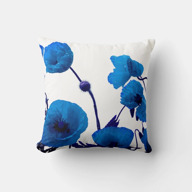 Coussin Aquarelle bleu-floral Fleurs de pavot blanc brilla (Recto)