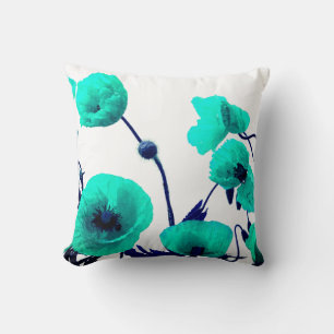 Coussin Aquarelle bleu Floral Fleurs de pavot blanc modern