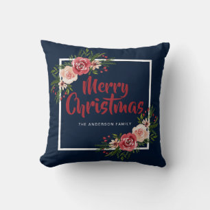 Coussin Aquarelle bleu marine Floral Joyeux Noël