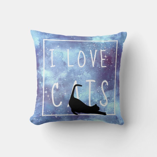 Coussin Aquarelle bleu marine Galaxy et chat (Recto)