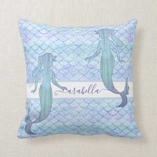 Coussin Aquarelle bleu mauve de sirène Nom de l'échelle de