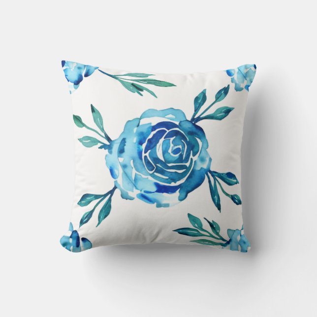 Coussin Aquarelle Bleu Roses et feuillage (Recto)
