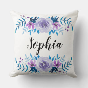Coussin Aquarelle bleu violet couronne florale Texte perso