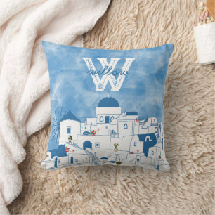 Coussin Aquarelle bleue et blanche Santorin Grèce Monogram