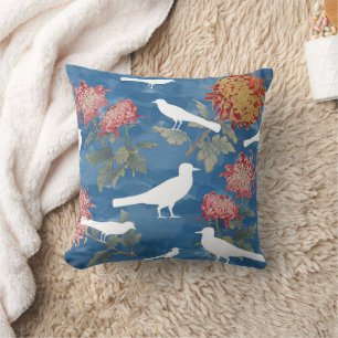 Coussin Aquarelle bleue Fleurs Vintages et oiseaux