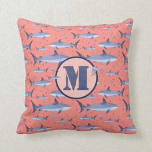 Coussin Aquarelle bleue Monogramme méduse de requin sur le