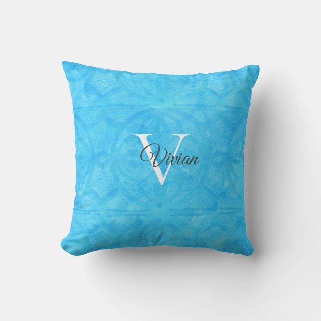 Coussin Aquarelle bleue Monogramme Nom Pilote (Recto)