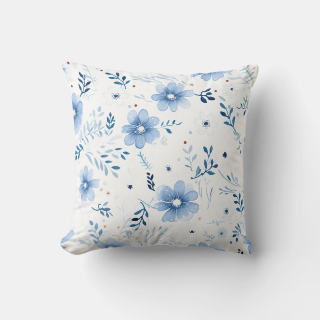 Coussin Aquarelle bleue motif floral (Recto)